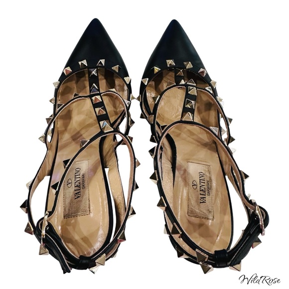 VALENTINO GARAVANI Black Leather Strappy Rockstud Ankle Strap Heels SZ 37 - Picture 11 of 17